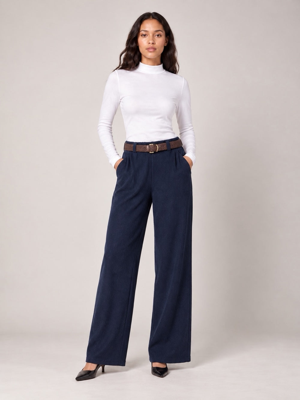 High Waisted Wide-Leg Corduroy Trousers - Navy