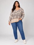 Abstract Animal Print V-Neck Jumper - Mushroom