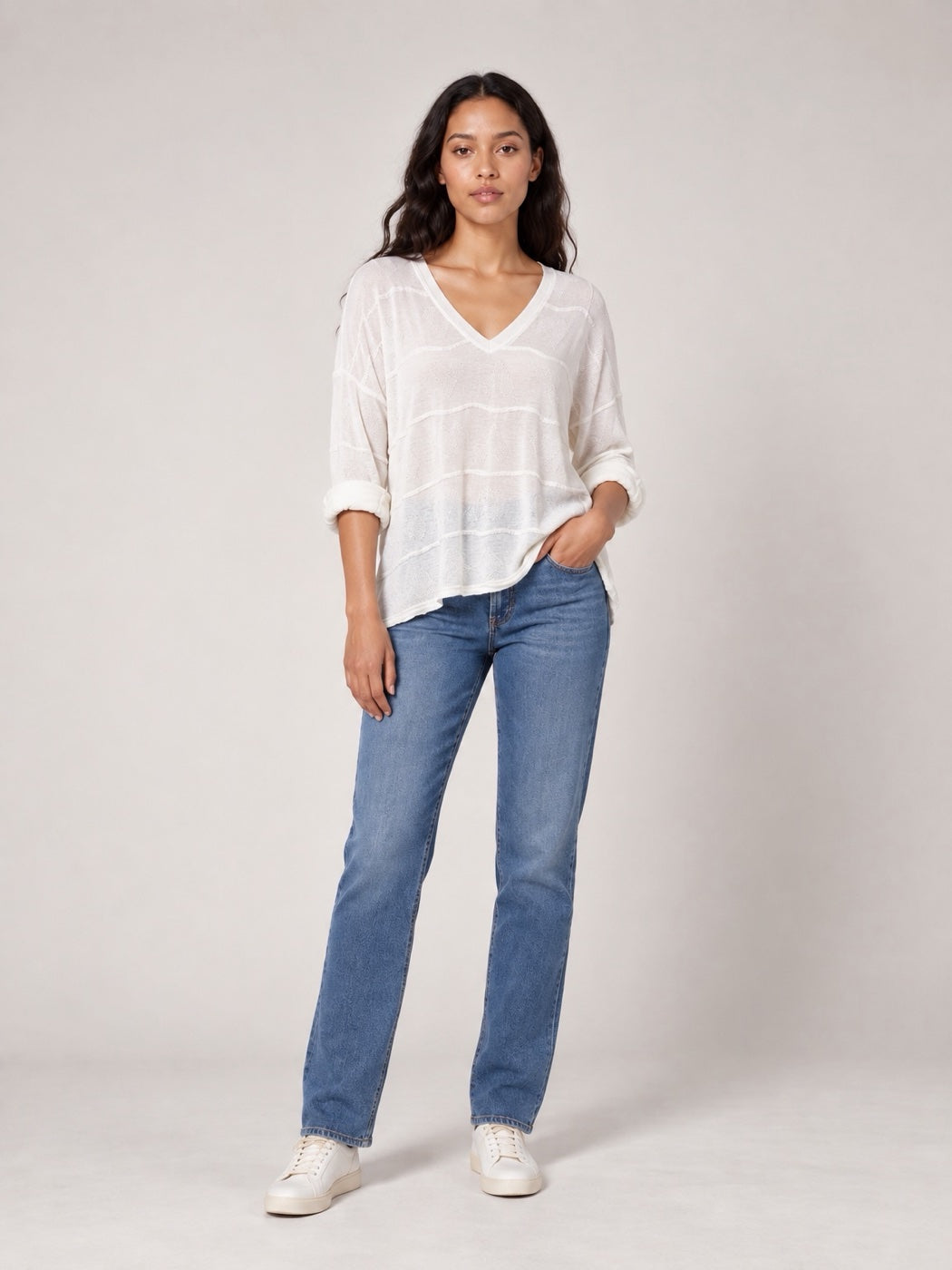 Textured V-Neck Jumper - Cream
