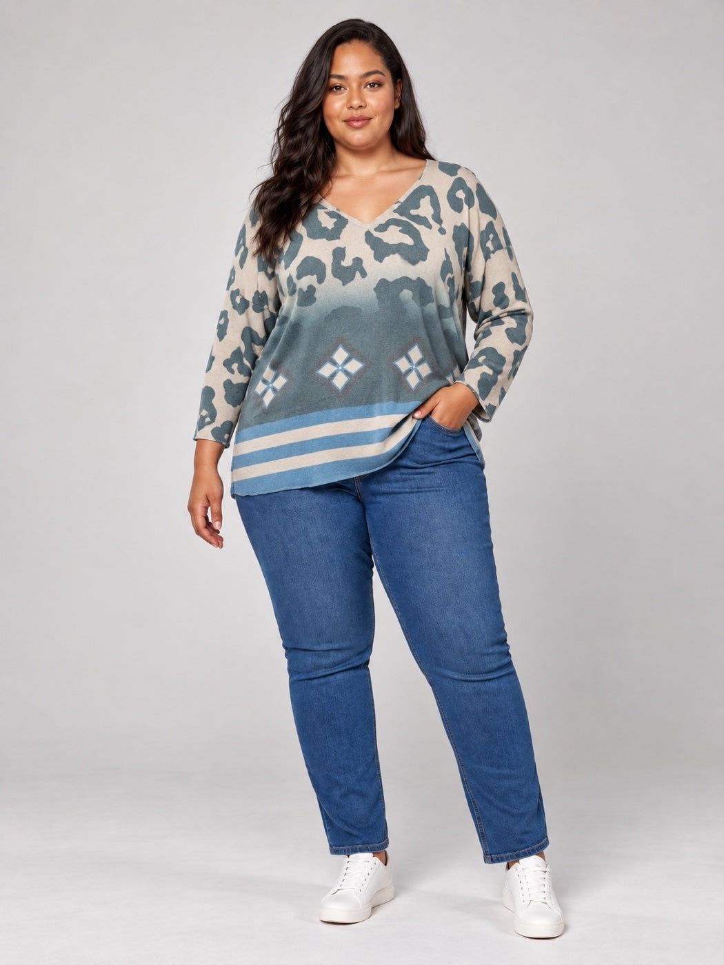 Abstract Animal Print V-Neck Jumper - Sage