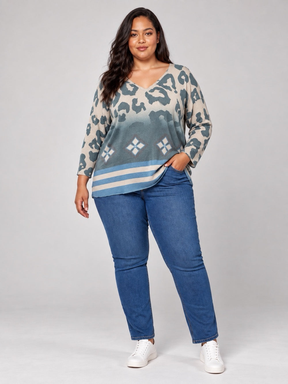 Abstract Animal Print V-Neck Jumper - Sage