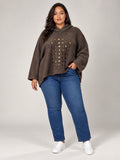 Textured Hooded Jumper with Embellished Cut-Outs - Chocolate