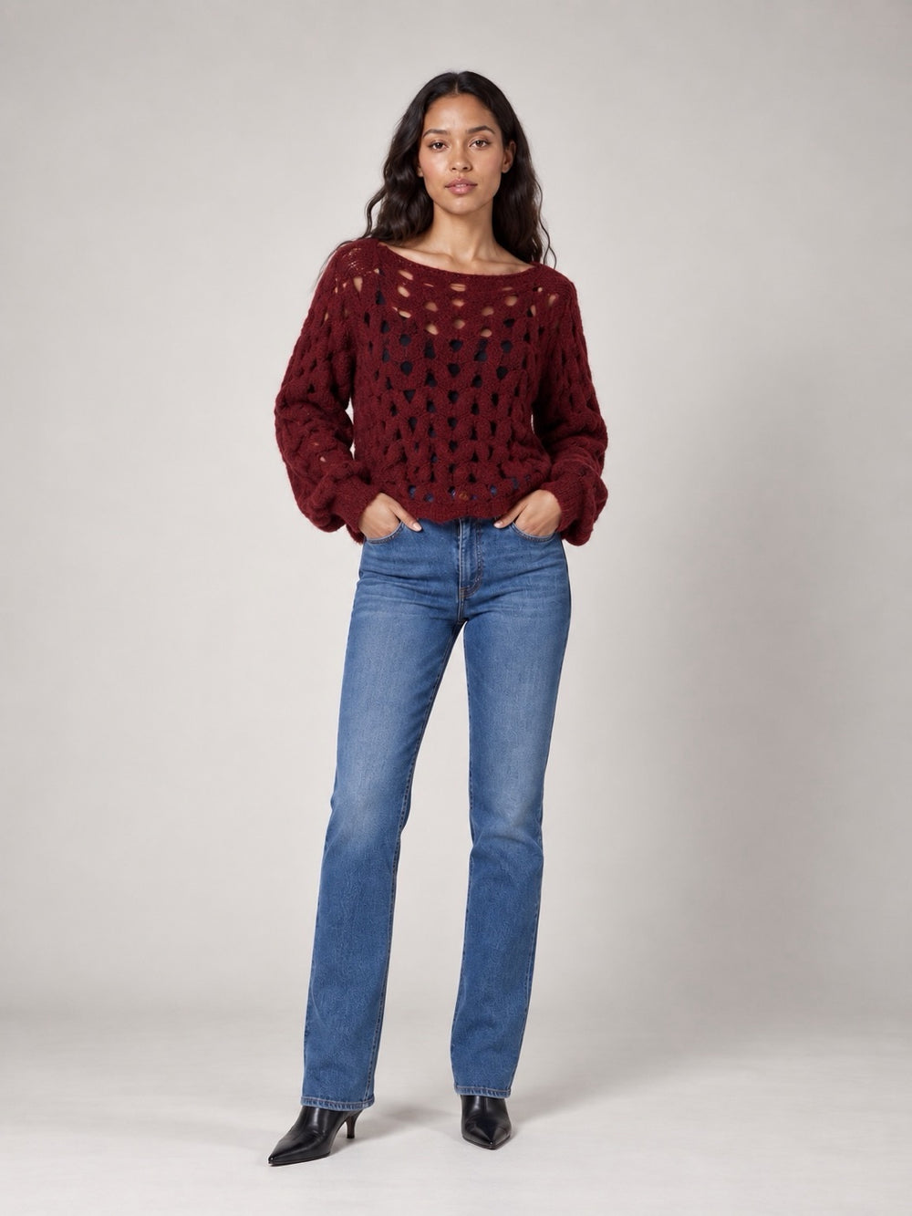 Openwork Knit Jumper - Wine