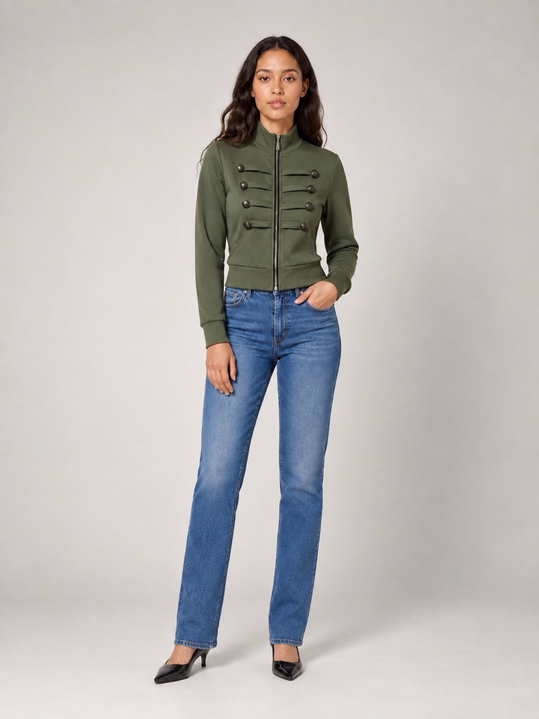 Military-Inspired Button Jacket - Olive