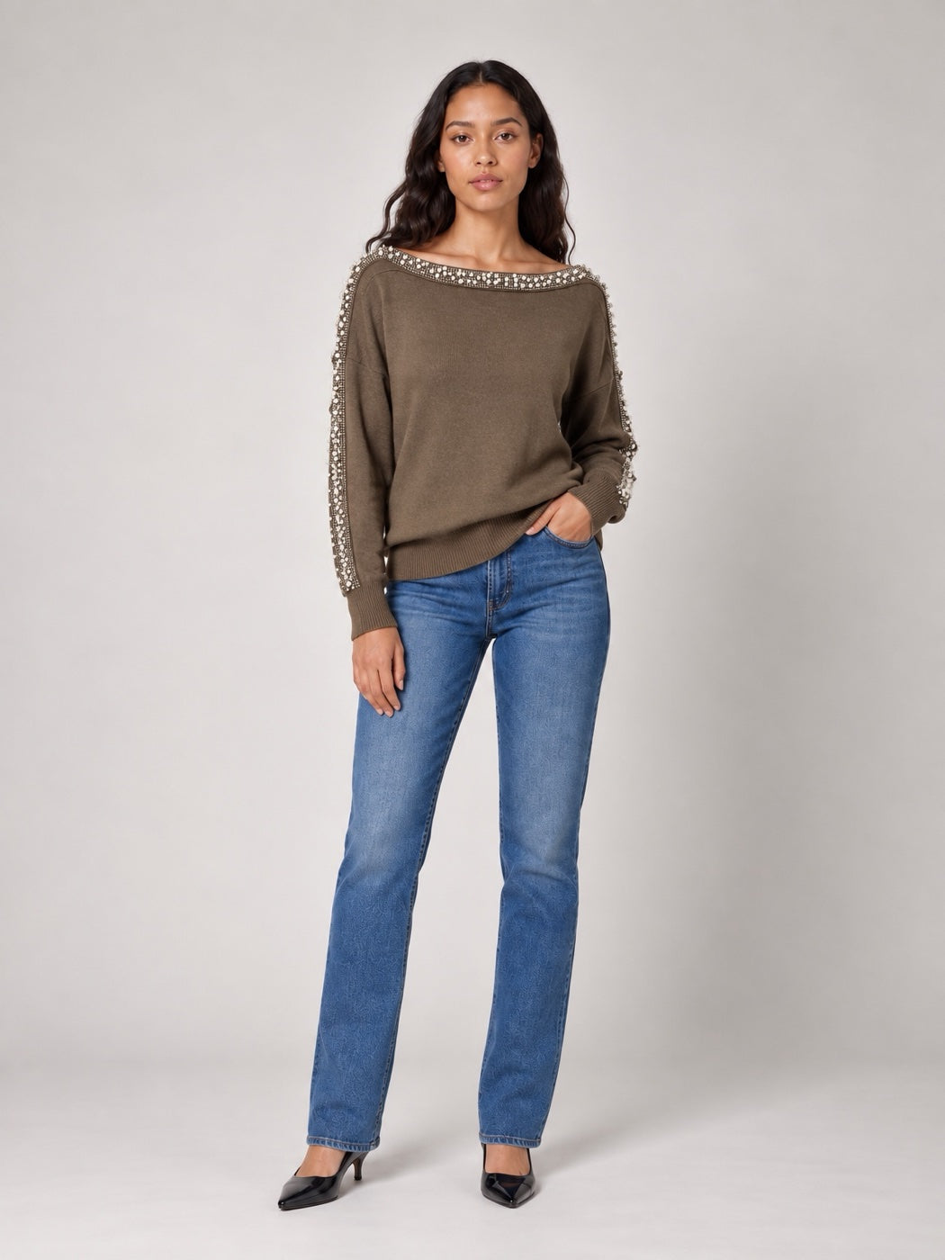 Embellished Boat Neck Jumper - Coffee