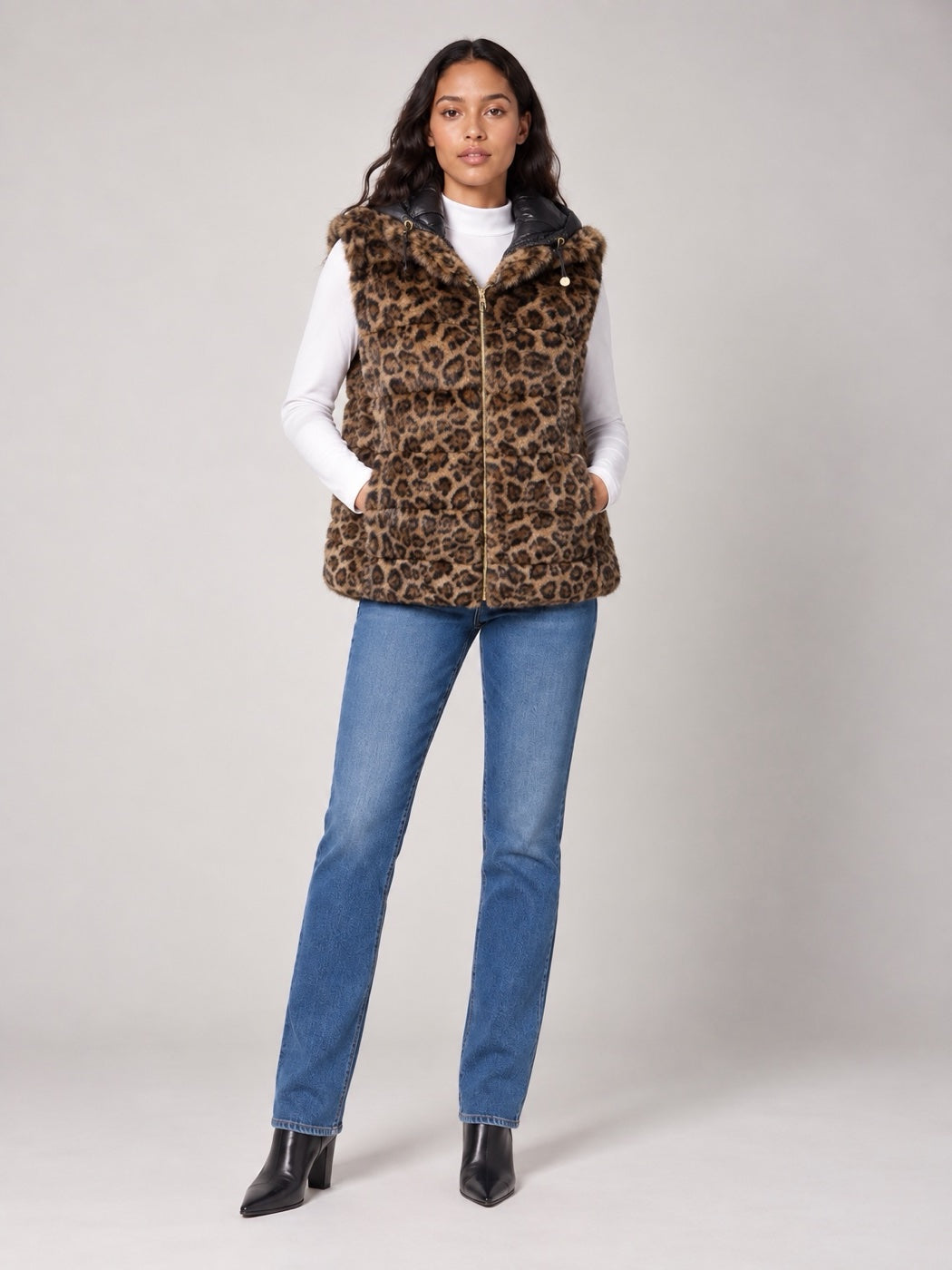 Hooded Faux Fur Gilet - Leopard Print