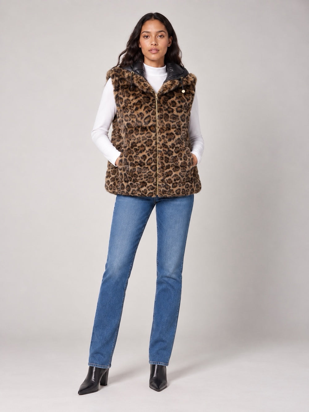 Hooded Faux Fur Gilet - Leopard Print