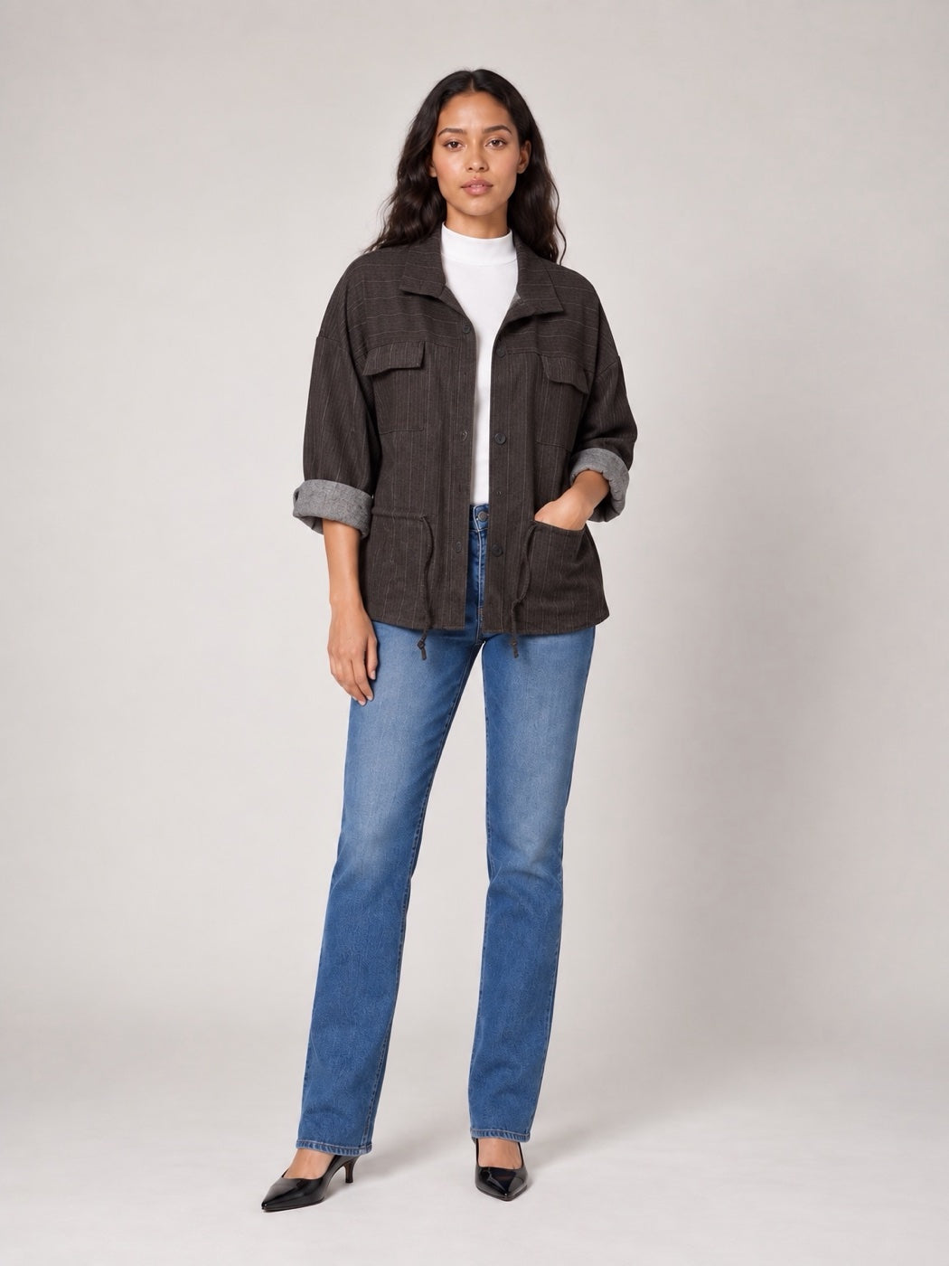Textured Drawstring Utility Jacket - Chocolate