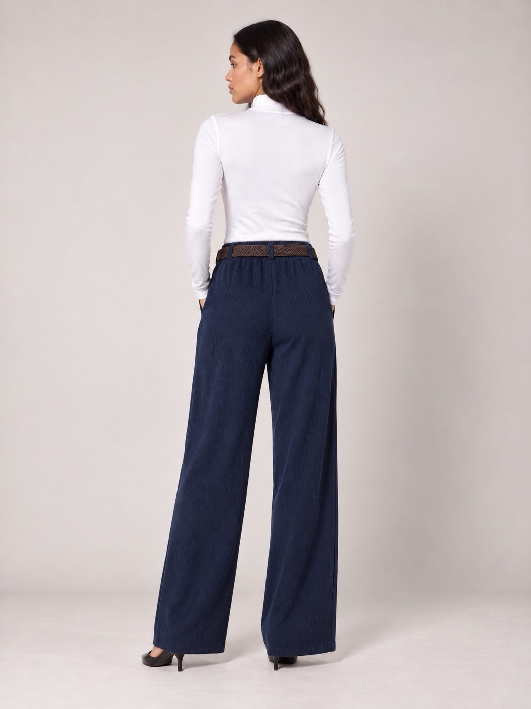High Waisted Wide-Leg Corduroy Trousers - Navy (2)