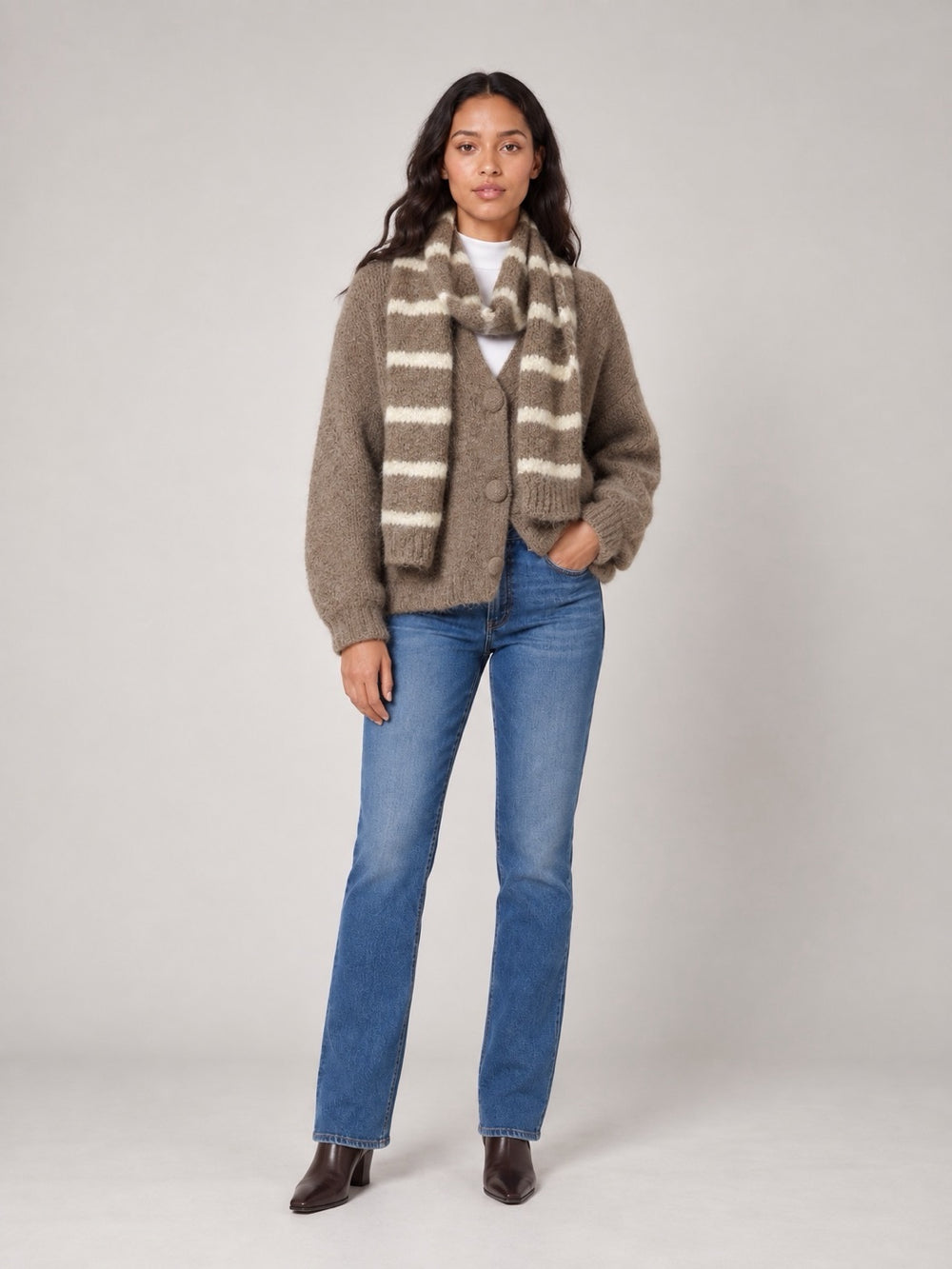 Soft Button-Front Cardigan and scarf - Latte