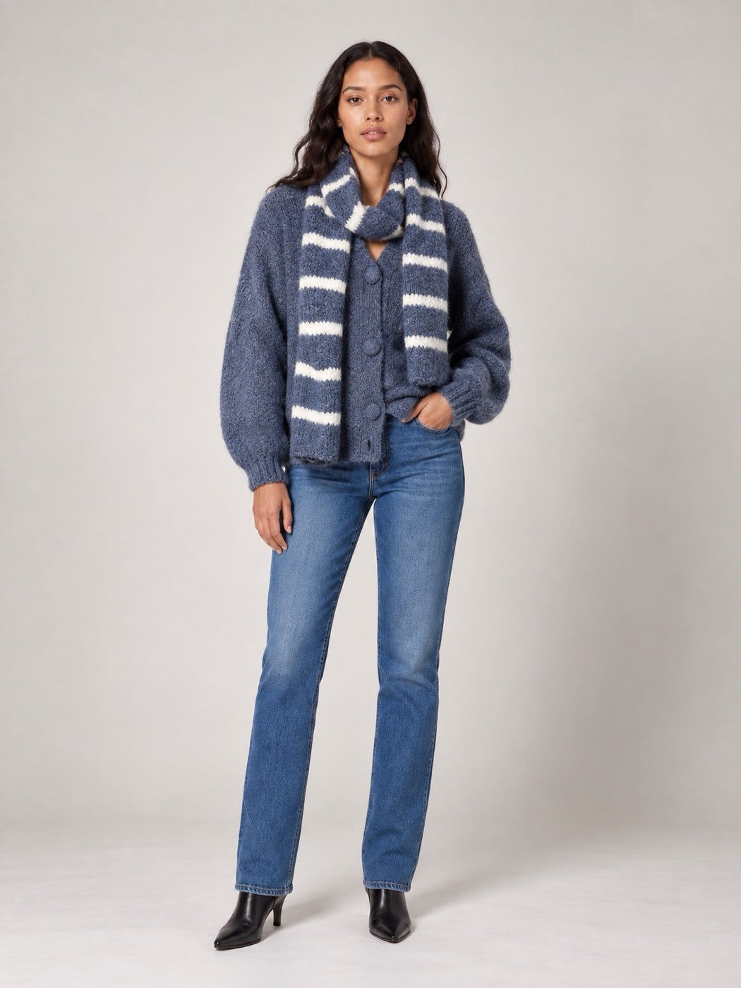 Soft Button-Front Cardigan and scarf - Denim