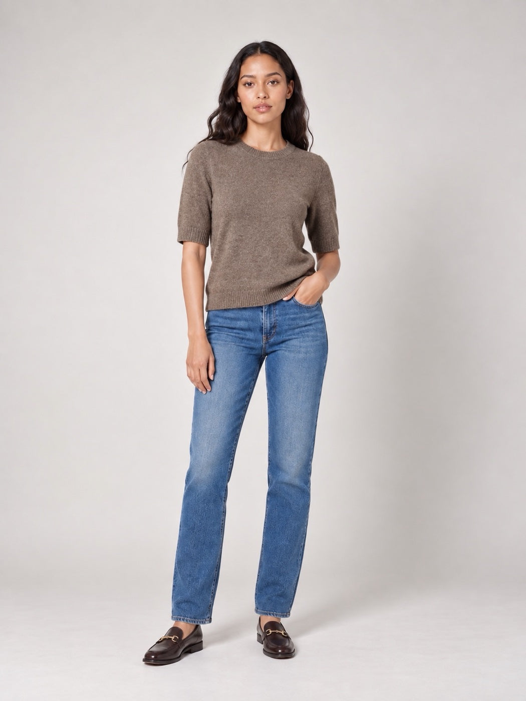 Textured Knit Short Sleeve Jumper - Mocha