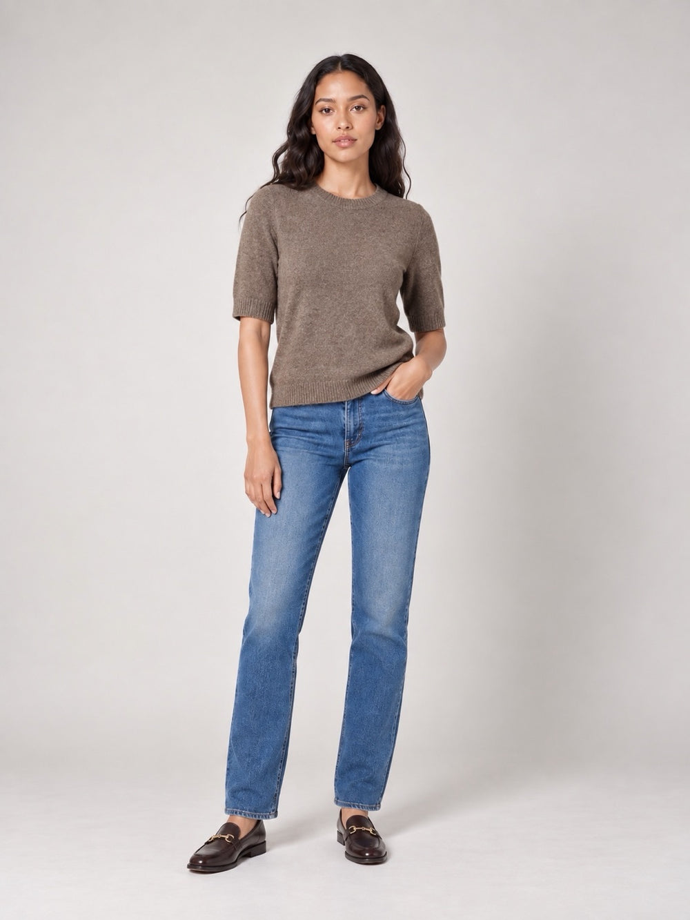 Textured Knit Short Sleeve Jumper - Mocha