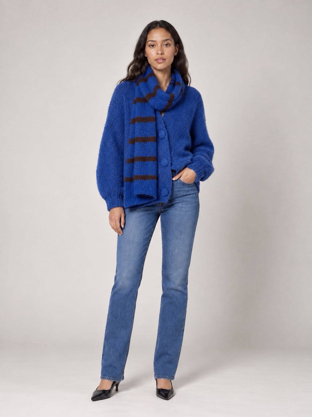 Soft Button-Front Cardigan and scarf - Cobalt