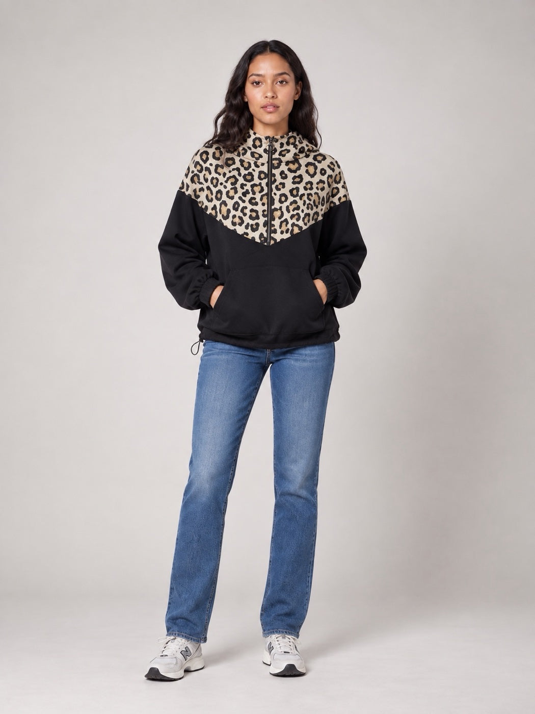 Leopard Print Quarter Zip Hoodie - Black