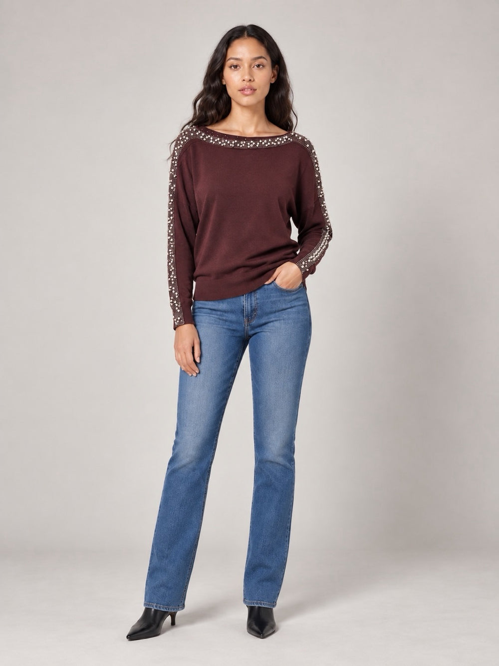 Embellished Boat Neck Jumper - Blackcurrant