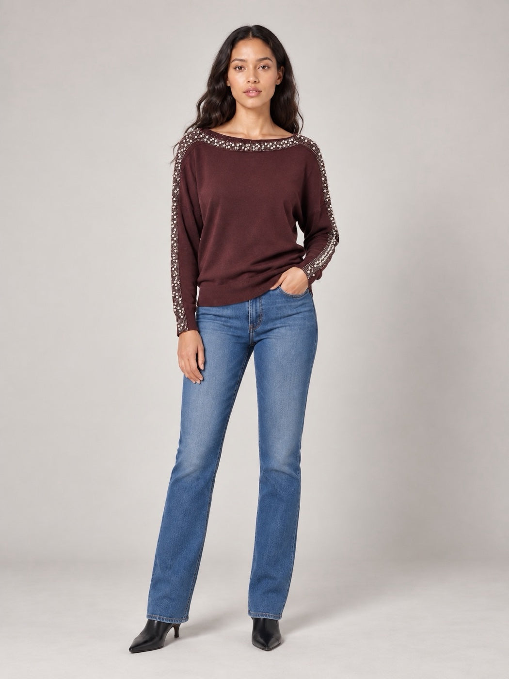 Embellished Boat Neck Jumper - Blackcurrant