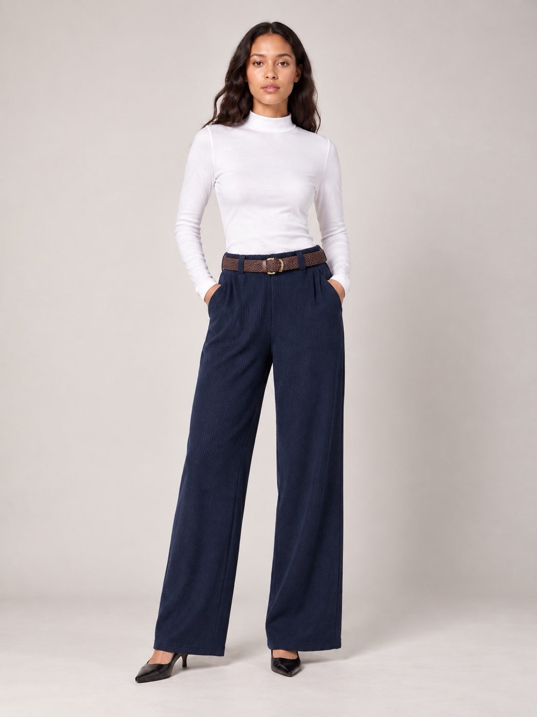 High Waisted Wide-Leg Corduroy Trousers - Navy