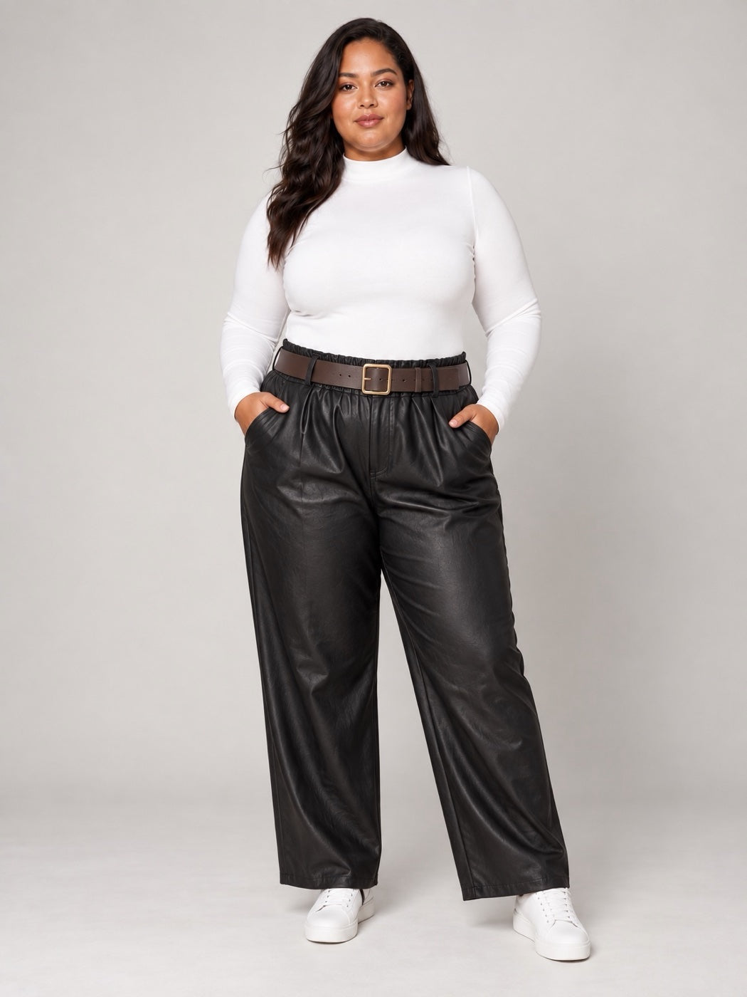 High-Waist Belted Wide-Leg Trousers - Black