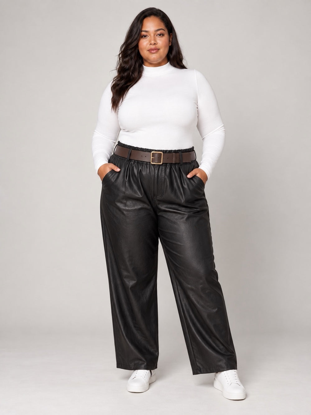 High-Waist Belted Wide-Leg Trousers - Black