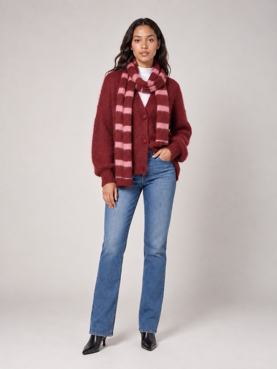 Soft Button-Front Cardigan and scarf - Wine