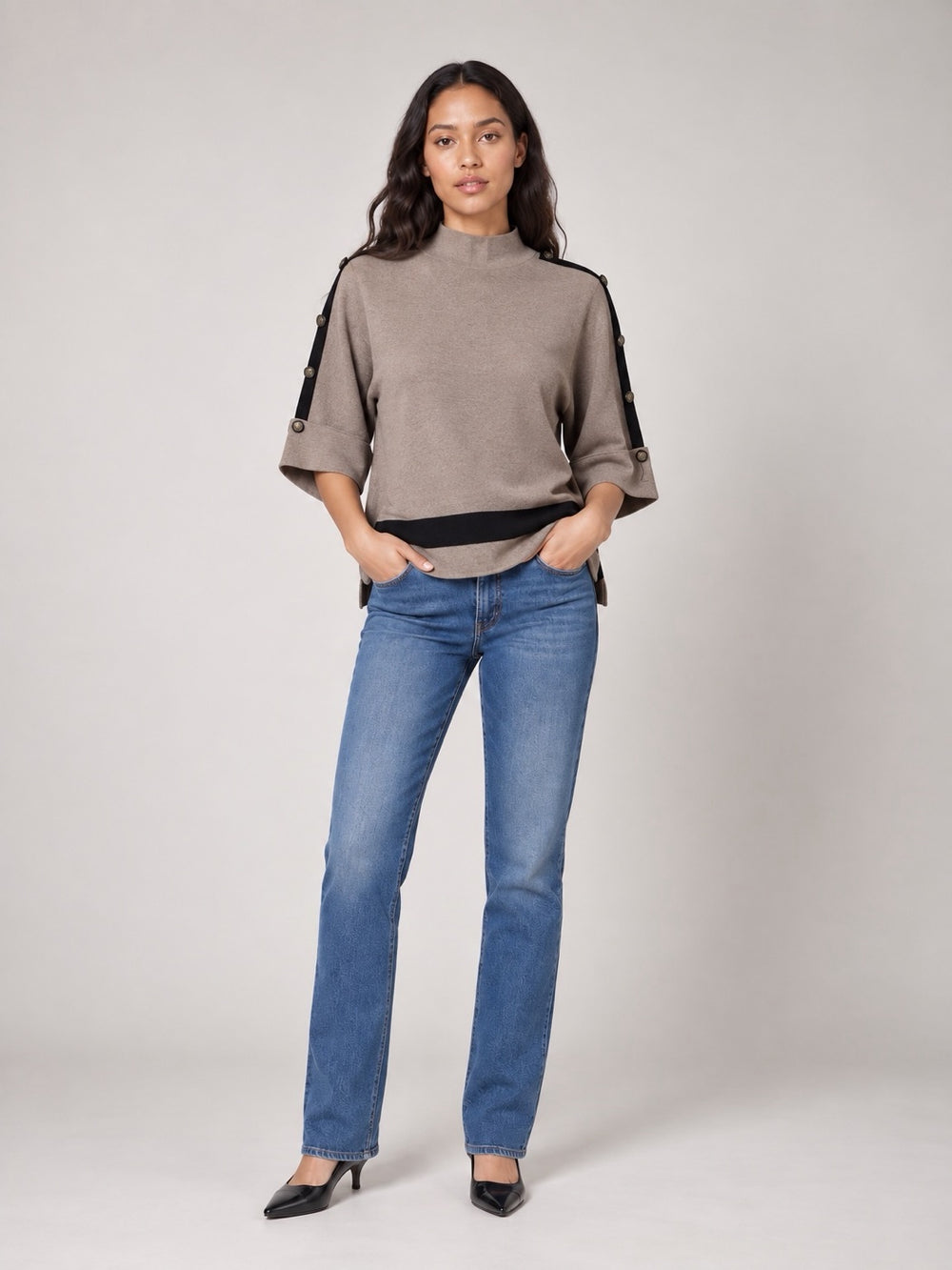 Mock Neck Button Sleeve Knit - Mocha