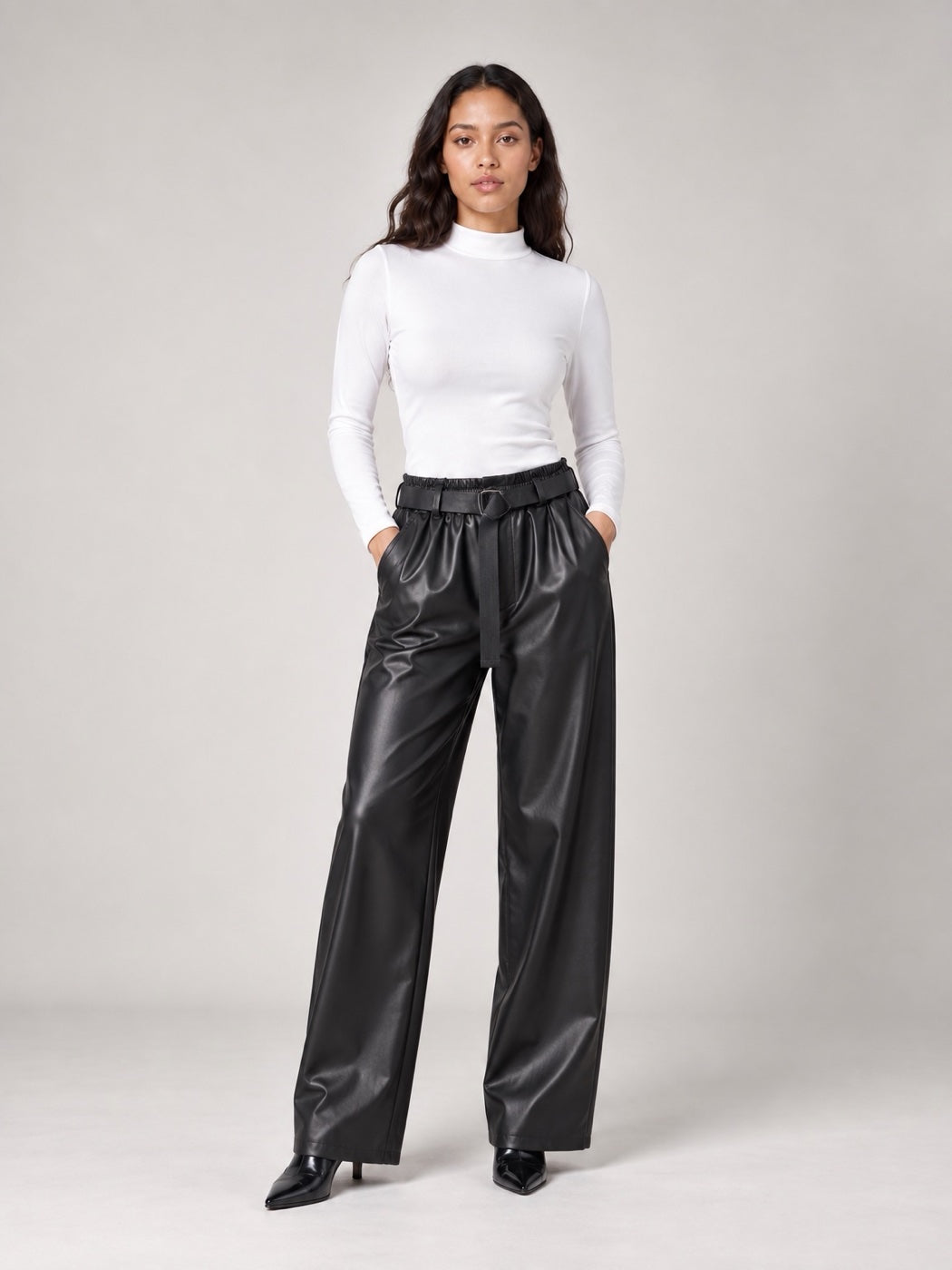 Faux Leather Wide-Leg Trousers - Black