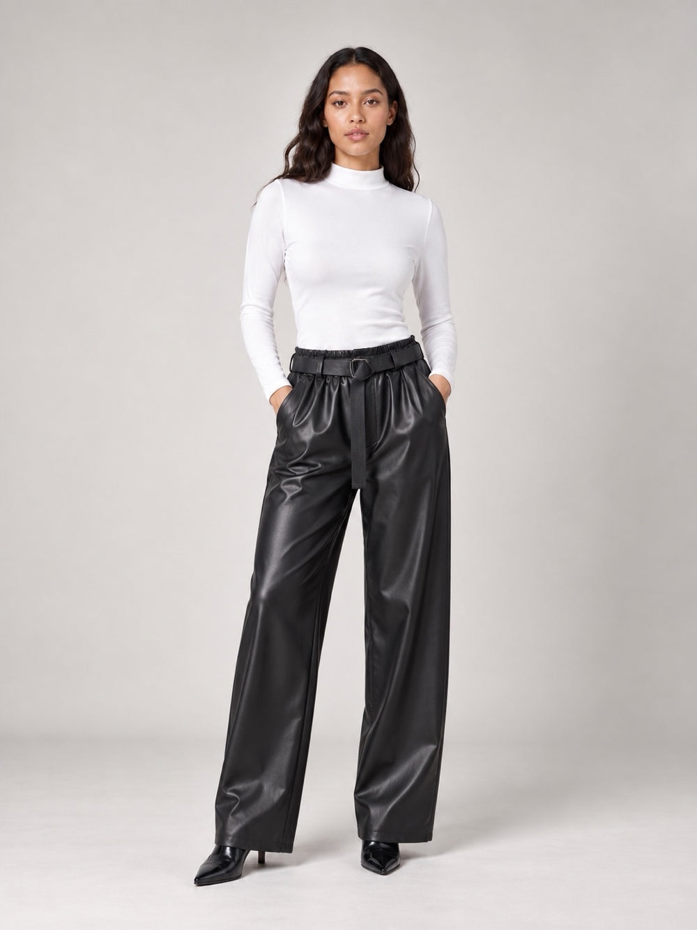 Faux Leather Wide-Leg Trousers - Black