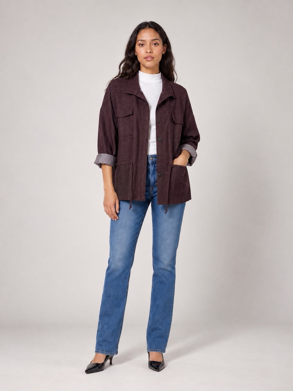 Textured Drawstring Utility Jacket - Wine