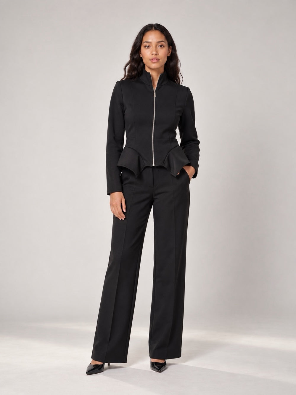 Sculpted Peplum Tracksuit Set - Black