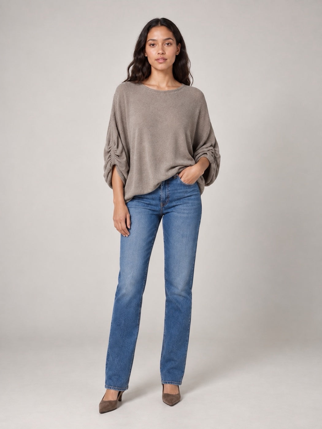 Balloon Sleeve soft knit Sweater - Stone
