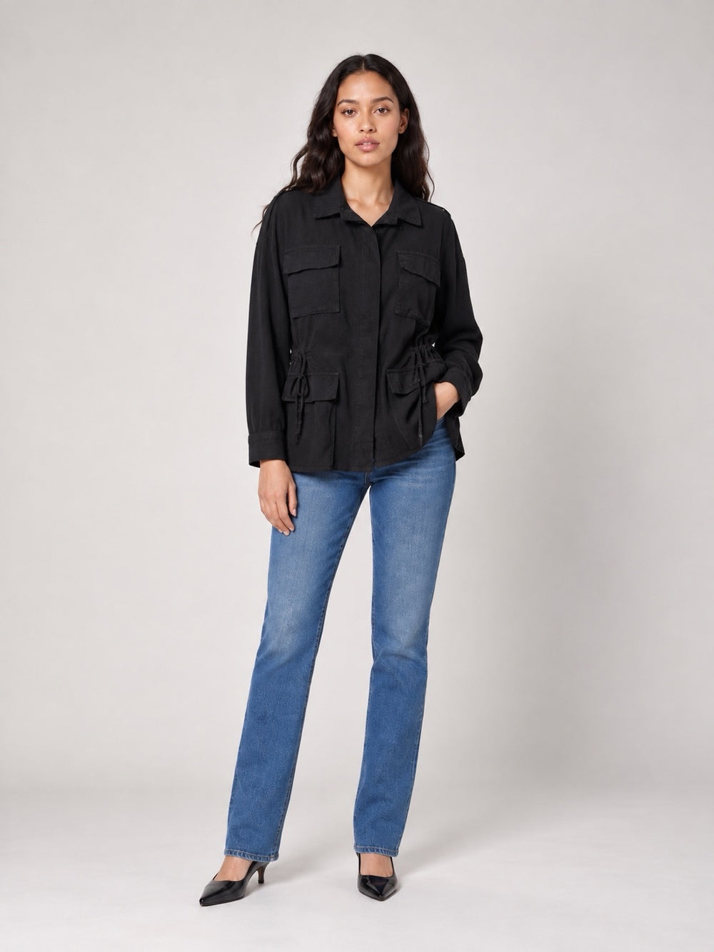 Utility Jacket with Drawstring Waist - Black