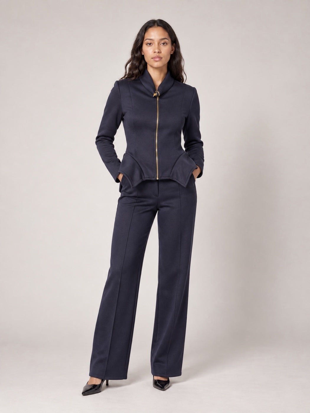Sculpted Peplum Tracksuit Set - Navy