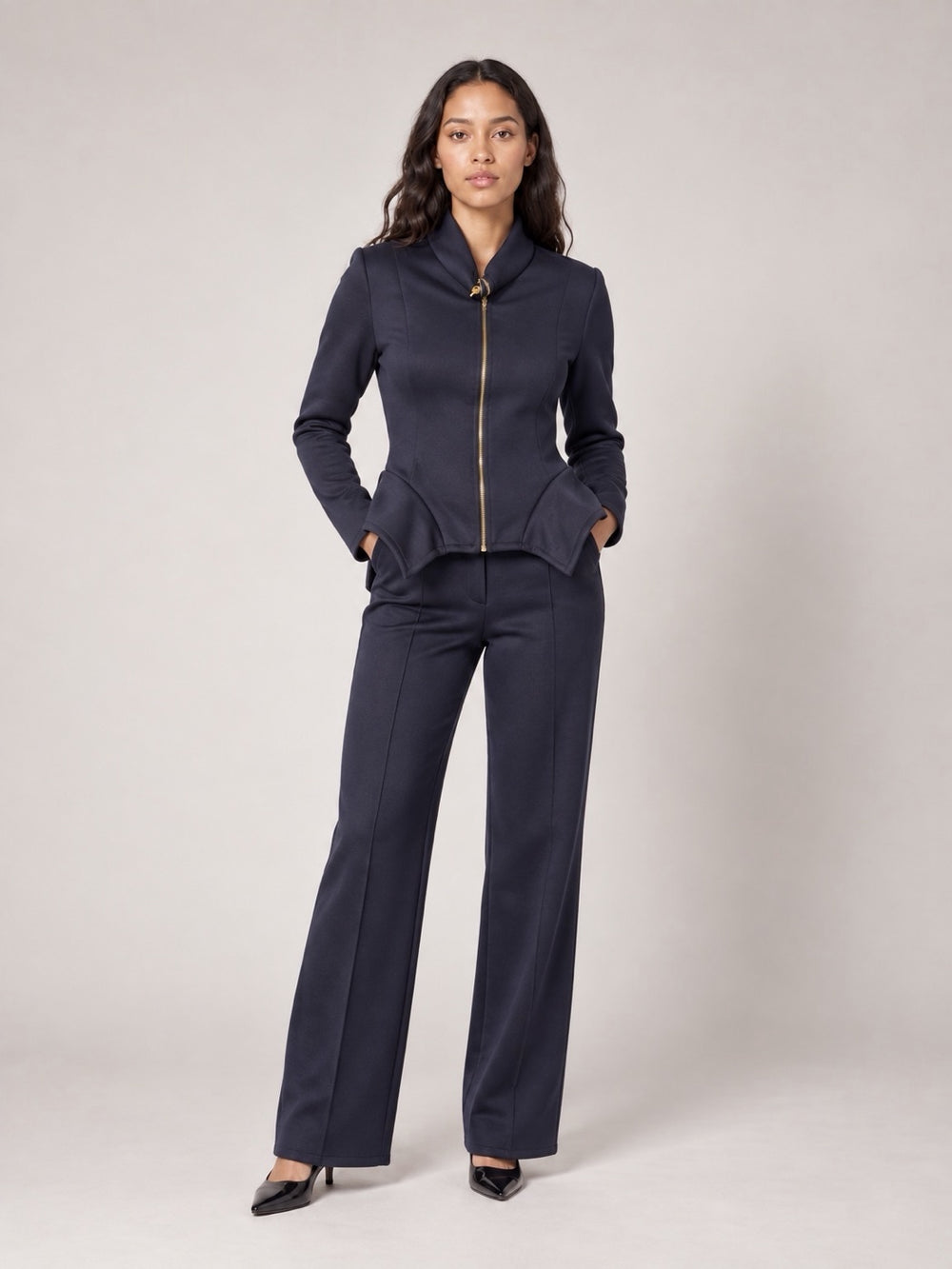 Sculpted Peplum Tracksuit Set - Navy