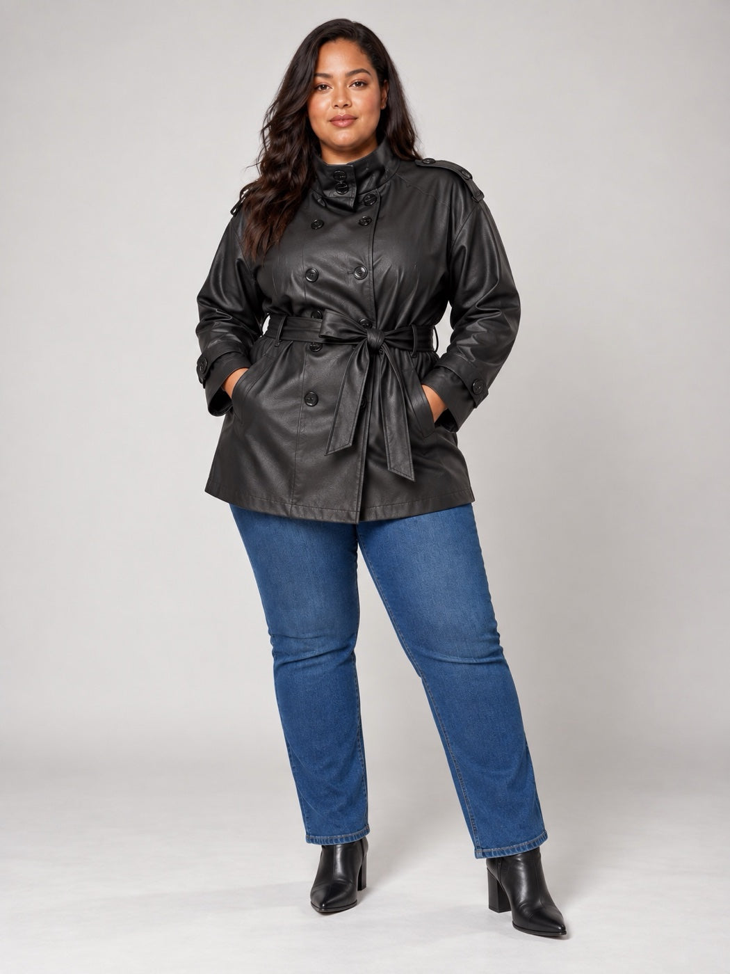 Belted Faux Leather Jacket - Black