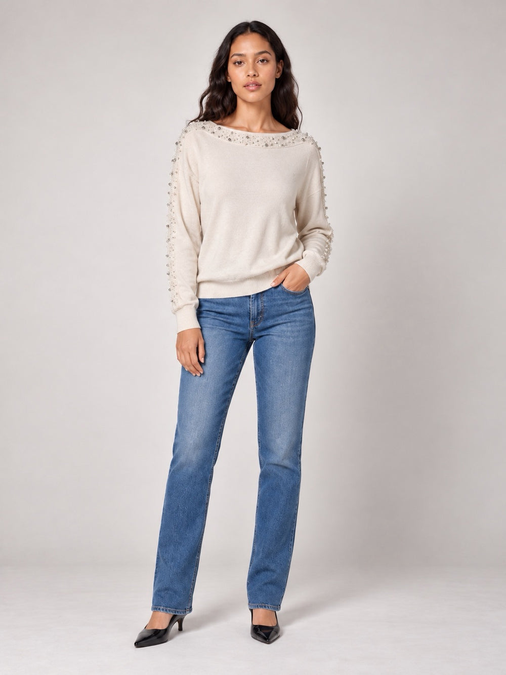 Embellished Boat Neck Jumper - Ecru