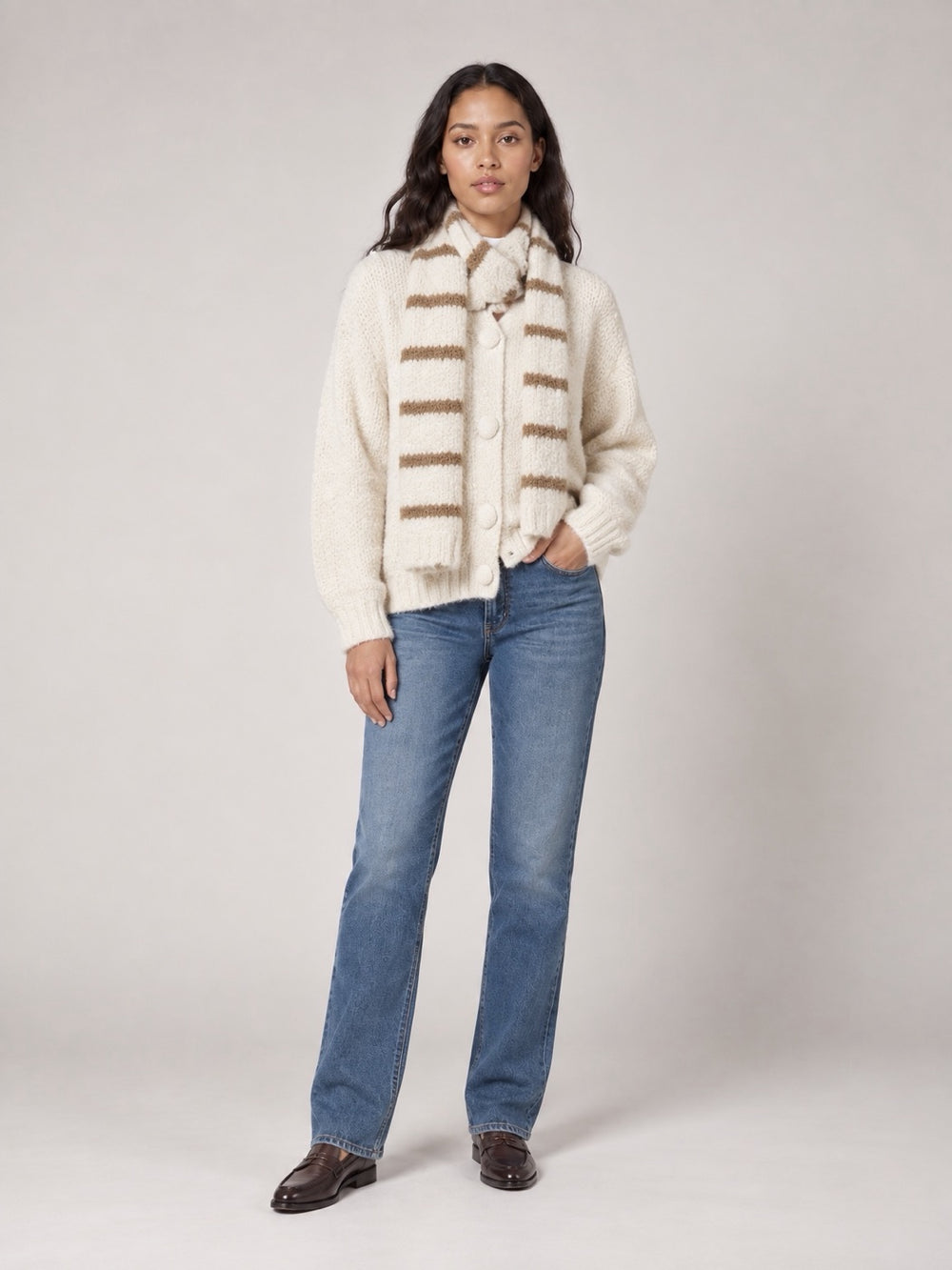 Soft Button-Front Cardigan and scarf - Cream