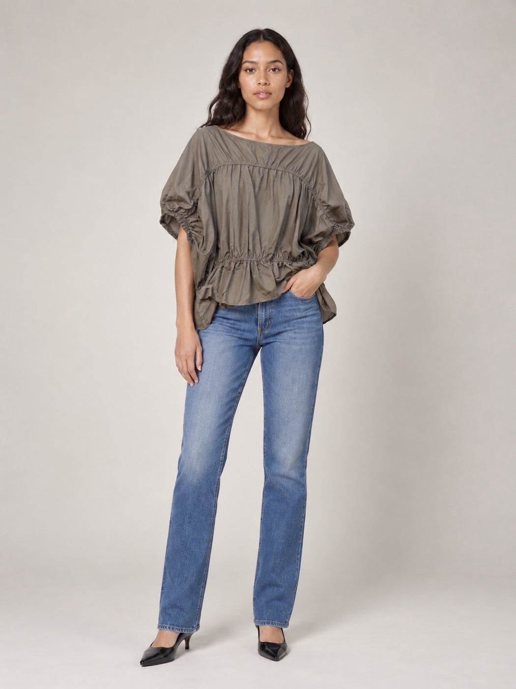 Gathered Blouson Top - Mocha