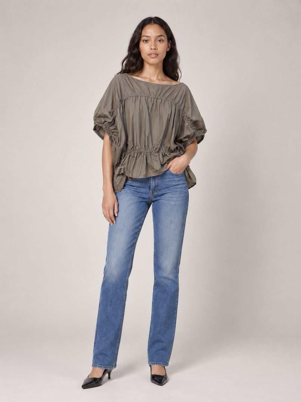 Gathered Blouson Top - Mocha