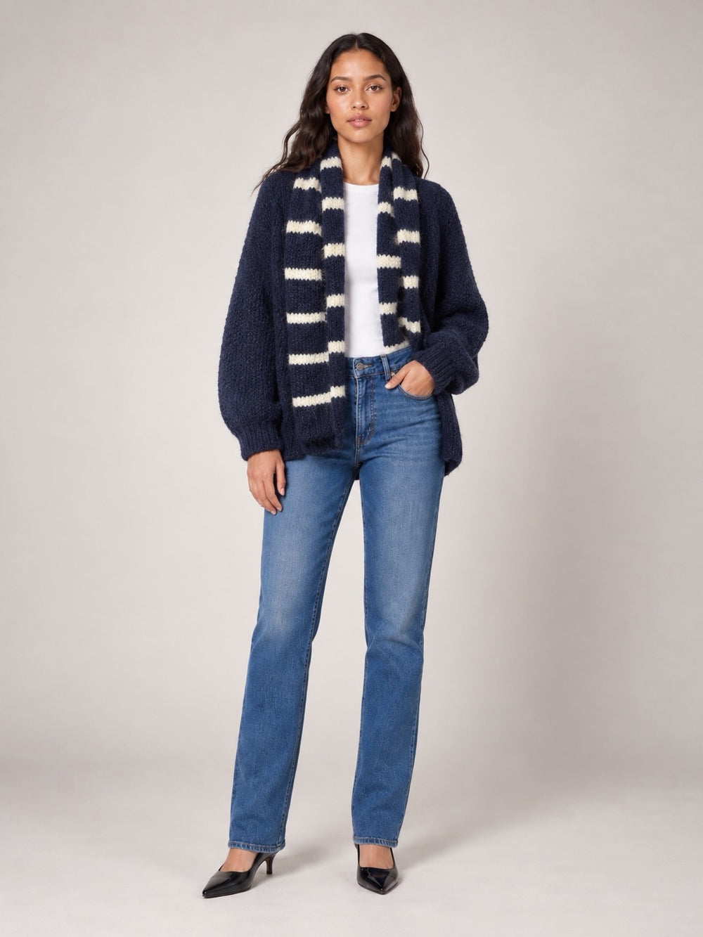 Soft Button-Front Cardigan and scarf - Navy