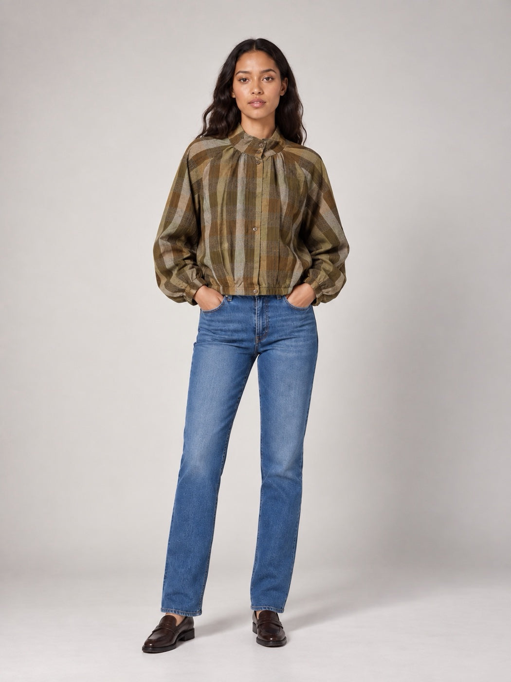 Checked Funnel Neck jacket  - Nutmeg