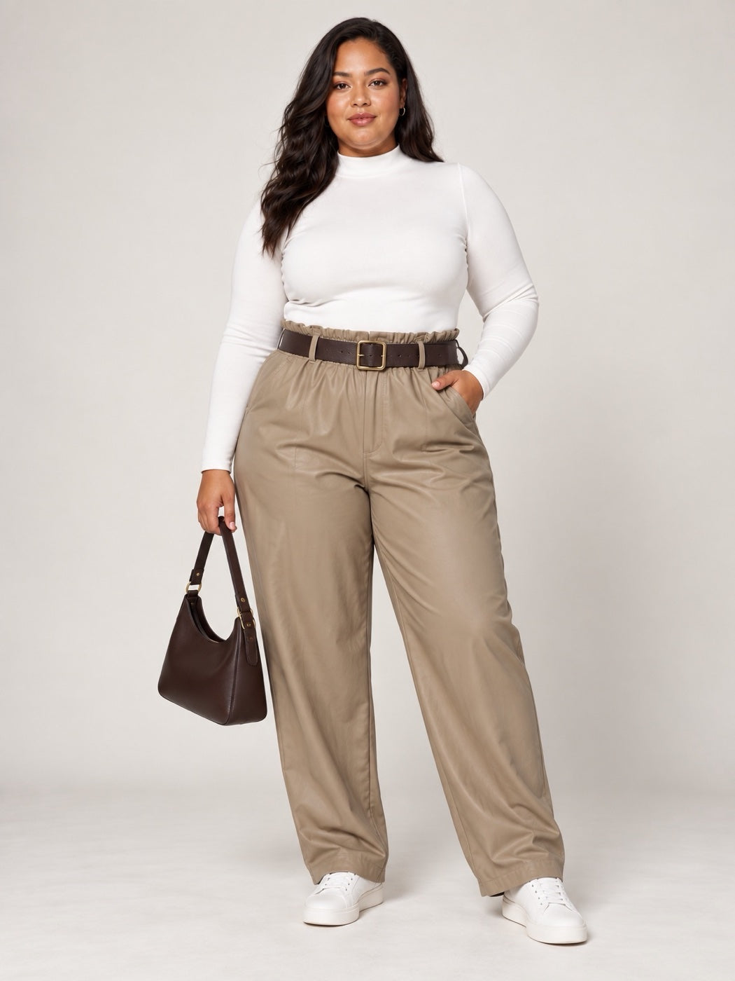 High-Waist Belted Wide-Leg Trousers - Stone
