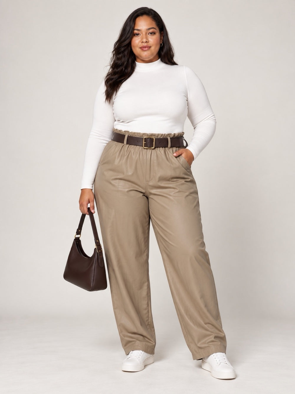 High-Waist Belted Wide-Leg Trousers - Stone