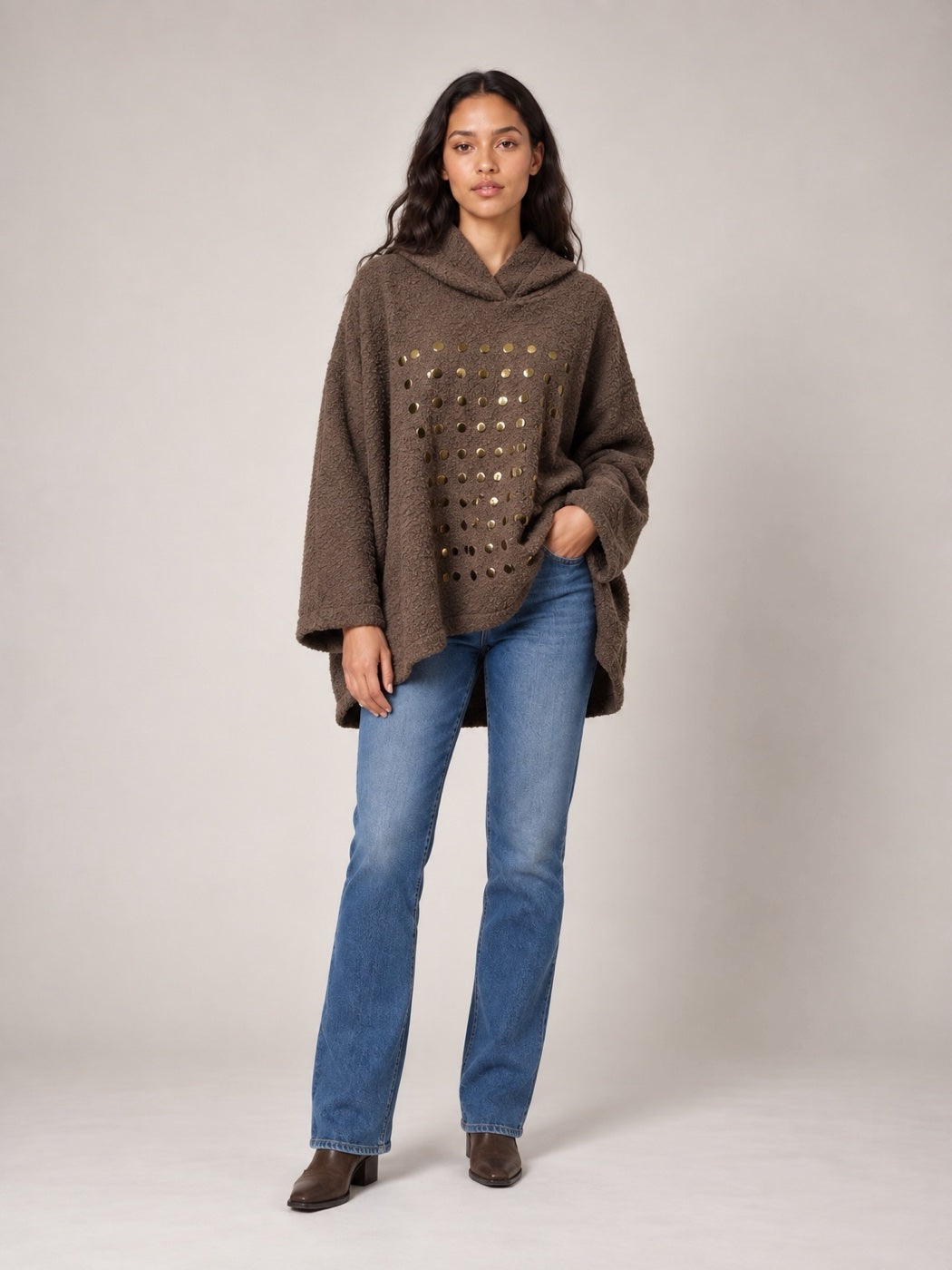 Textured Hooded Jumper with Embellished Cut-Outs - Coffee