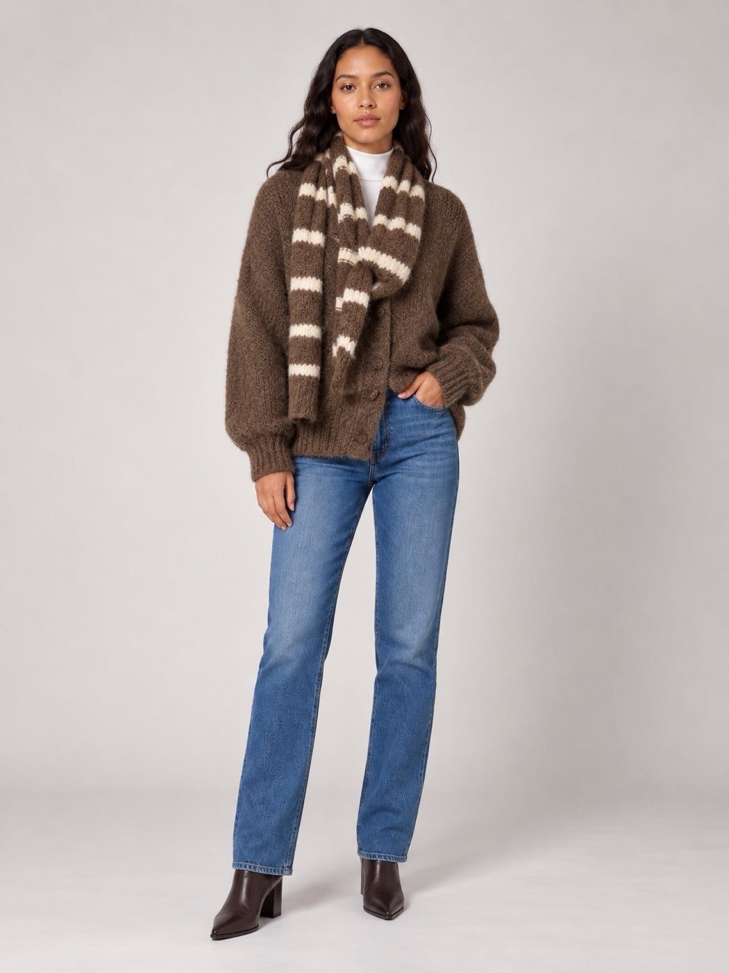 Soft Button-Front Cardigan and scarf - Coffee