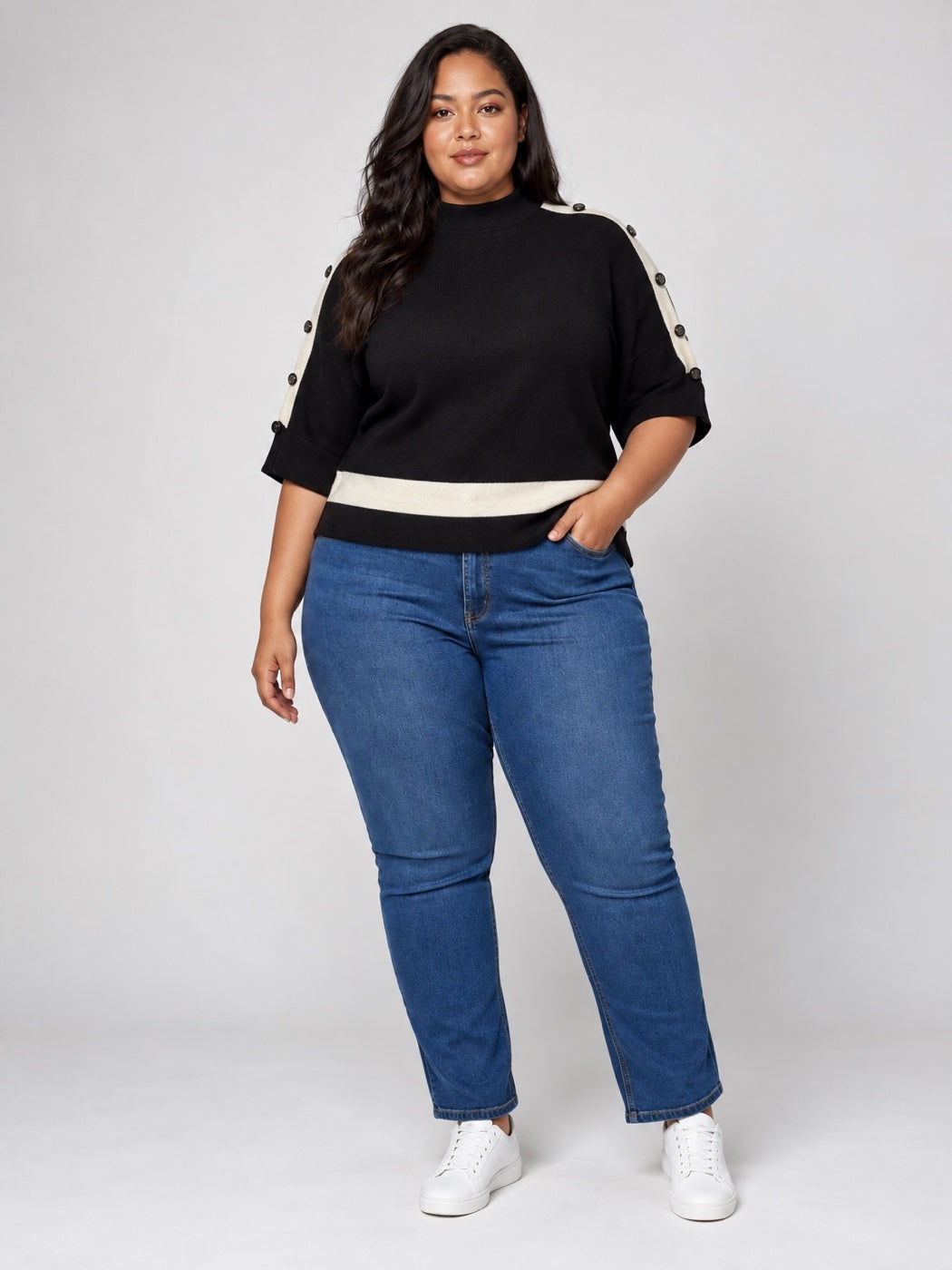 Mock Neck Button Sleeve Knit - Black