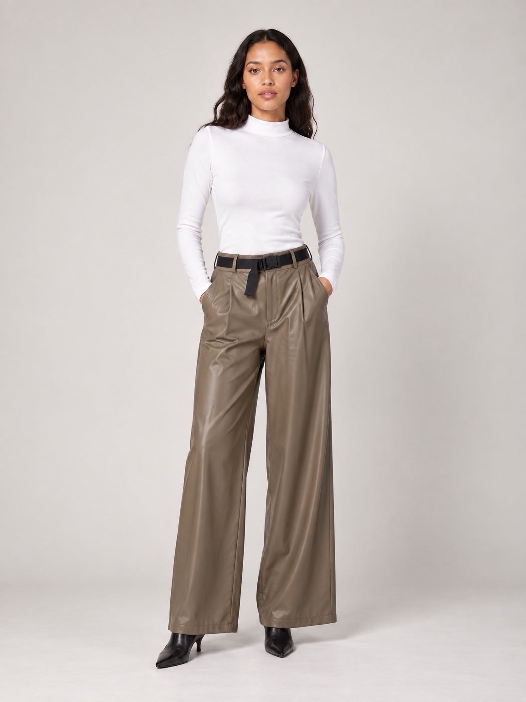 Faux Leather Wide-Leg Trousers - Cappuccino