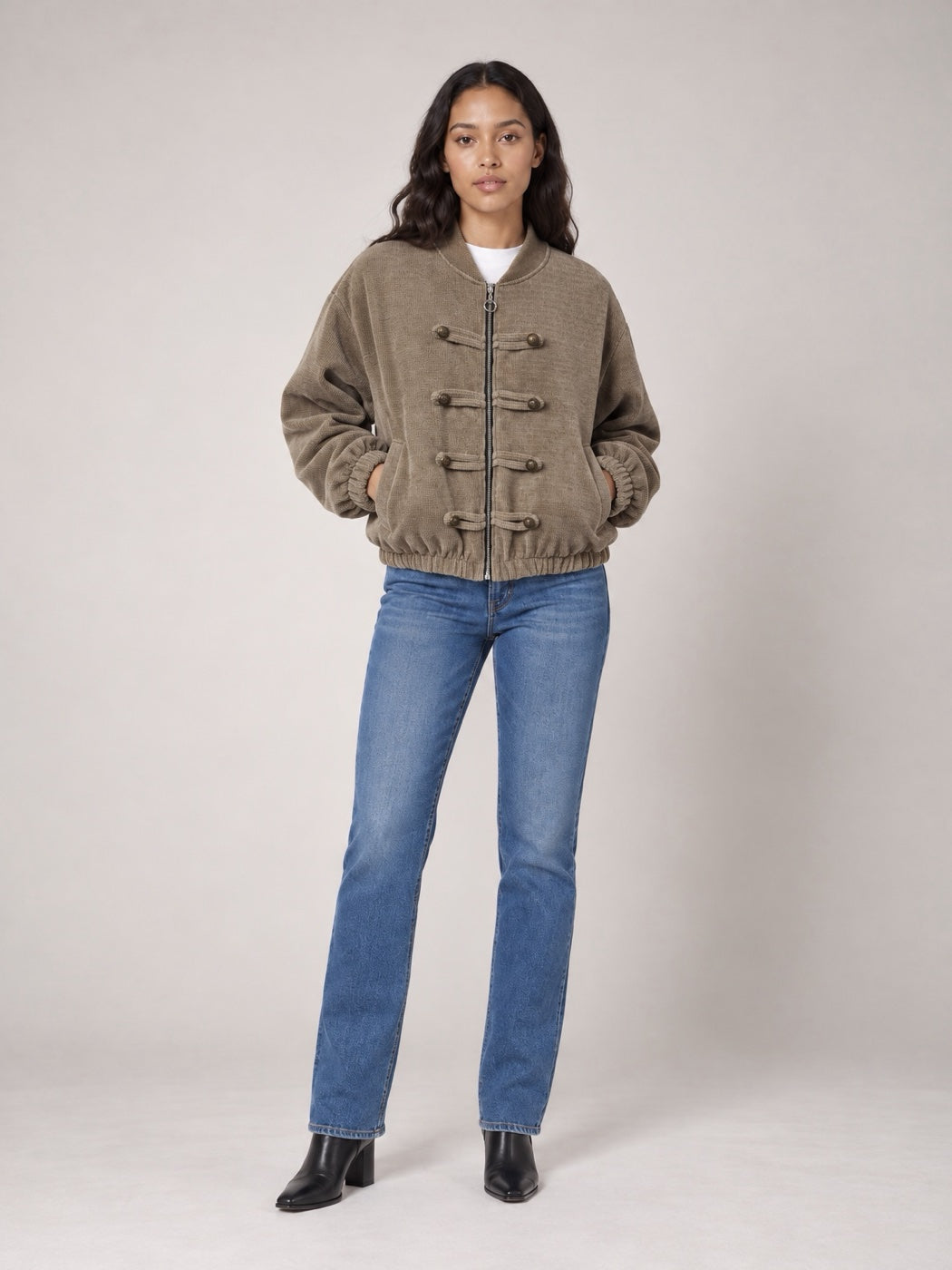 Corduroy Bomber Jacket with Statement Buttons - Latte