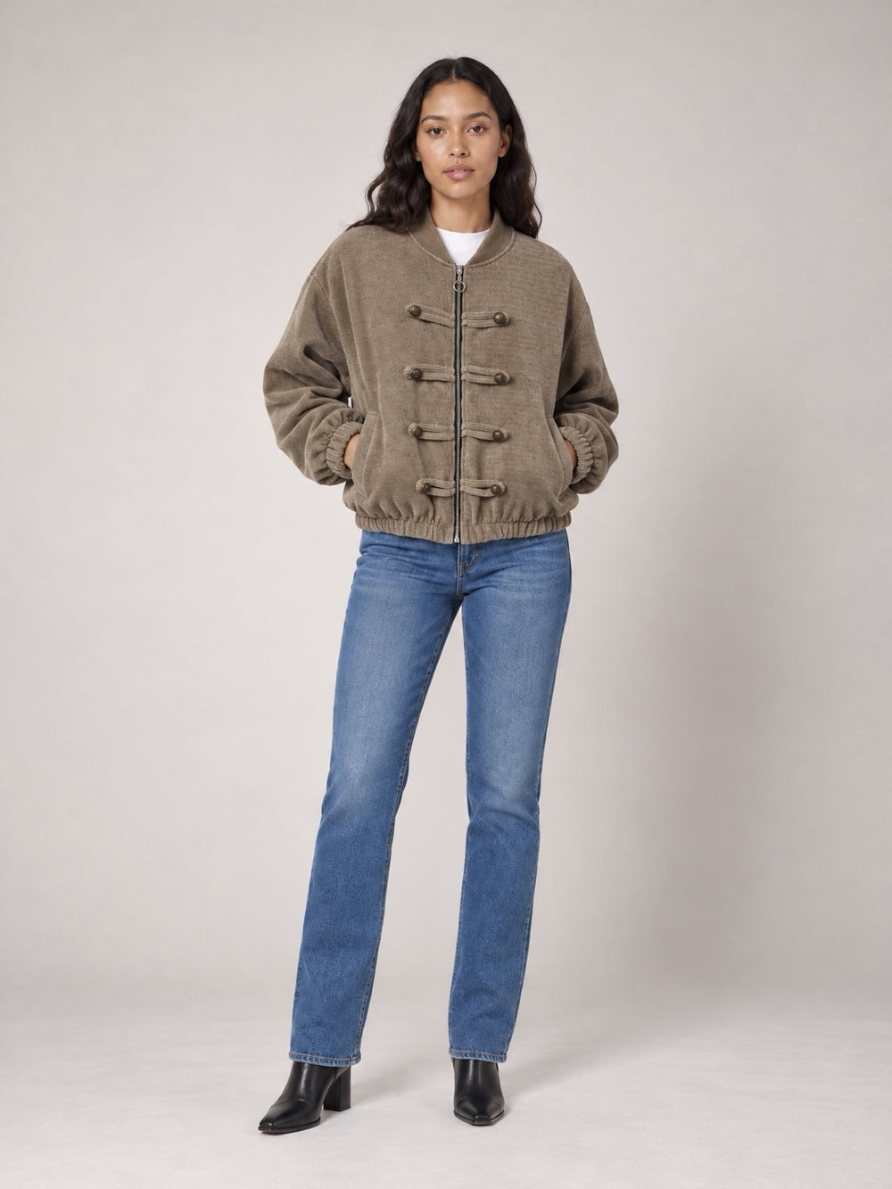 Corduroy Bomber Jacket with Statement Buttons - Latte