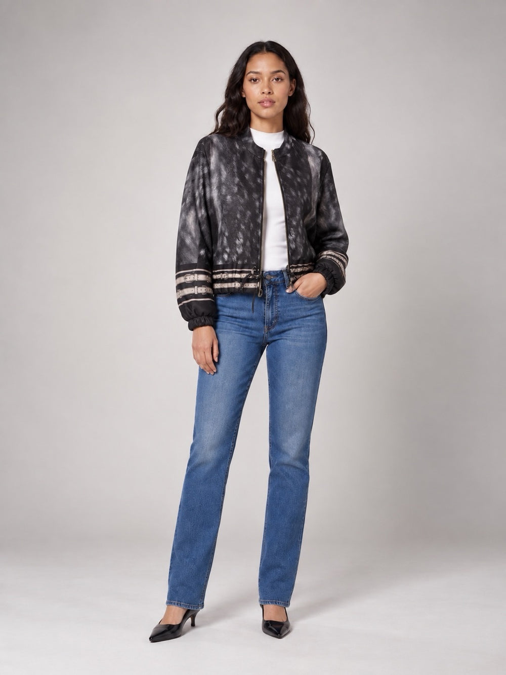 Textured Print Bomber Jacket with Buckle Details - Black